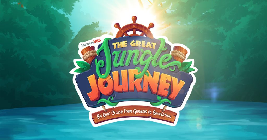 jungle background with a ship's wheel and the words "The great jungle journey" in the center